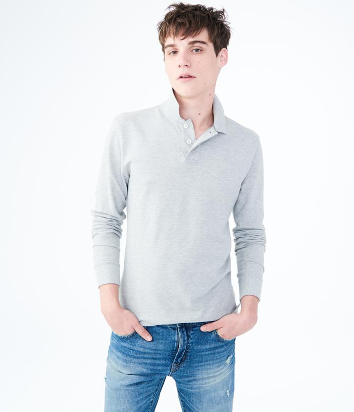 Aeropostale Aeropostale Long Sleeve Solid Uniform Pique Polo - Light Heather Grey, Small