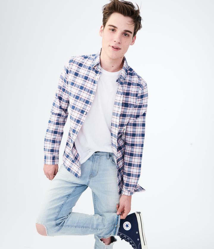 Aeropostale Aeropostale Long Sleeve Plaid Oxford Woven Shirt - Island Guava, Xsmall