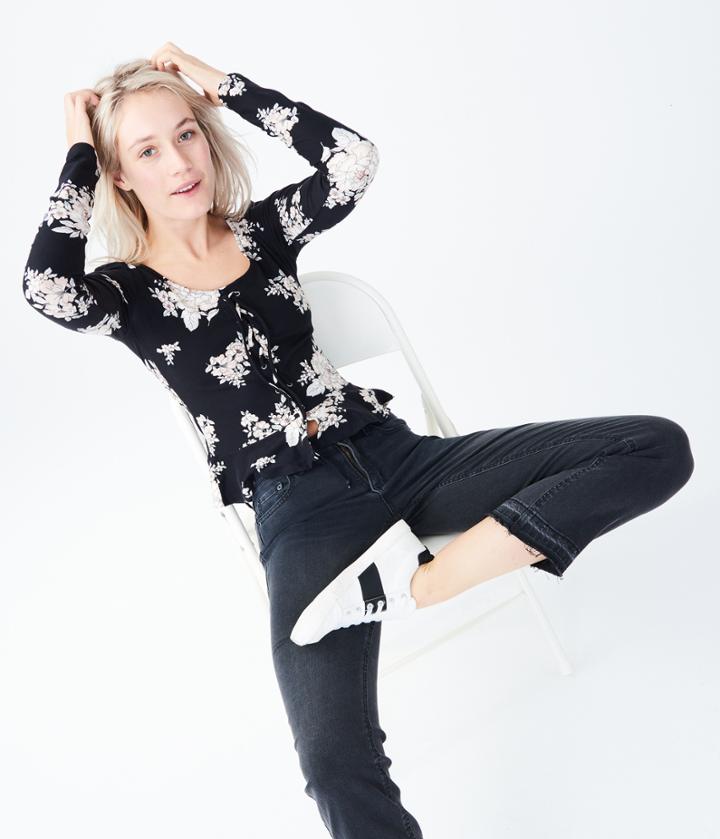 Aeropostale Aeropostale Long Sleeve Floral Lace-up Peplum Top - Black, Xsmall