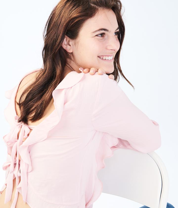 Aeropostale Aeropostale Long Sleeve Reversible Ruffle Tie Top - Light Ping, Xsmall