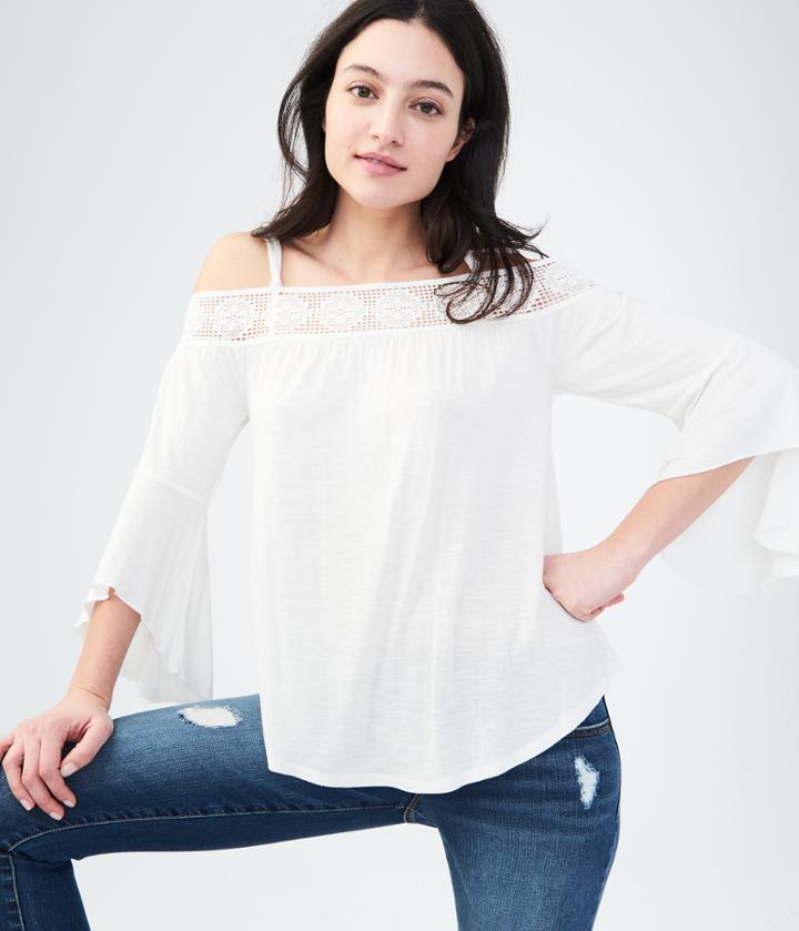 Aeropostale Aeropostale Long Sleeve Solid Crochet Cold-shoulder Top - Floral White, Xsmall