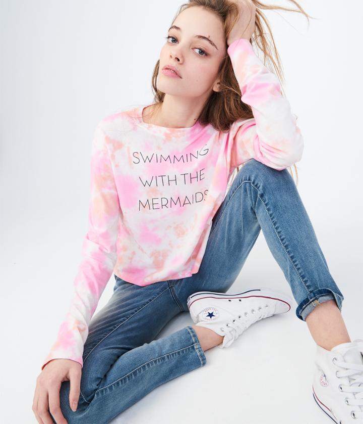 Aeropostale Aeropostale Long Sleeve Mermaids Tie-dye Graphic Tee - Bleach, Small
