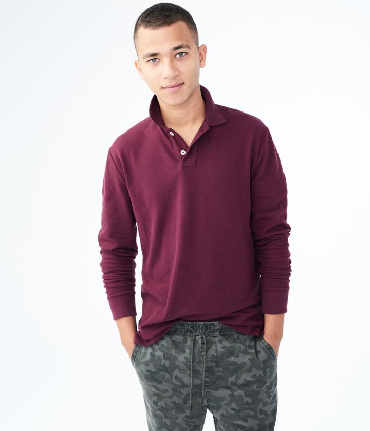 Aeropostale Aeropostale Long Sleeve Solid Uniform Pique Polo - Dark Cherry, Small