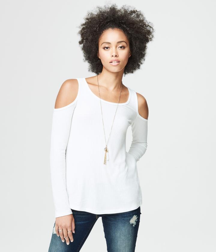 Aeropostale Aeropostale Long Sleeve Ribbed Cold-shoulder Top - Floral White, Large