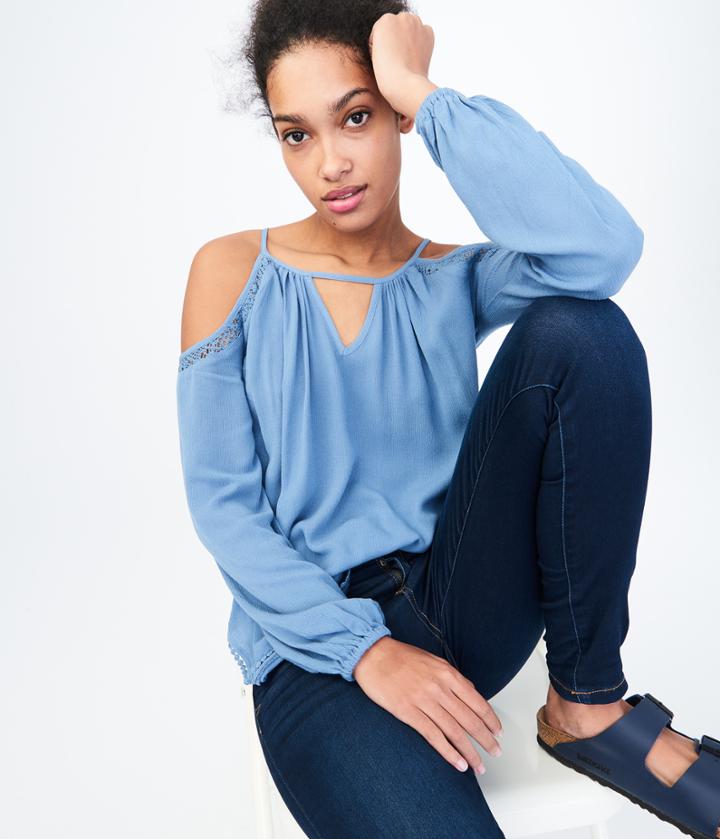 Aeropostale Aeropostale Long Sleeve Crinkled Cold-shoulder Top - Grey Blue, Xsmall