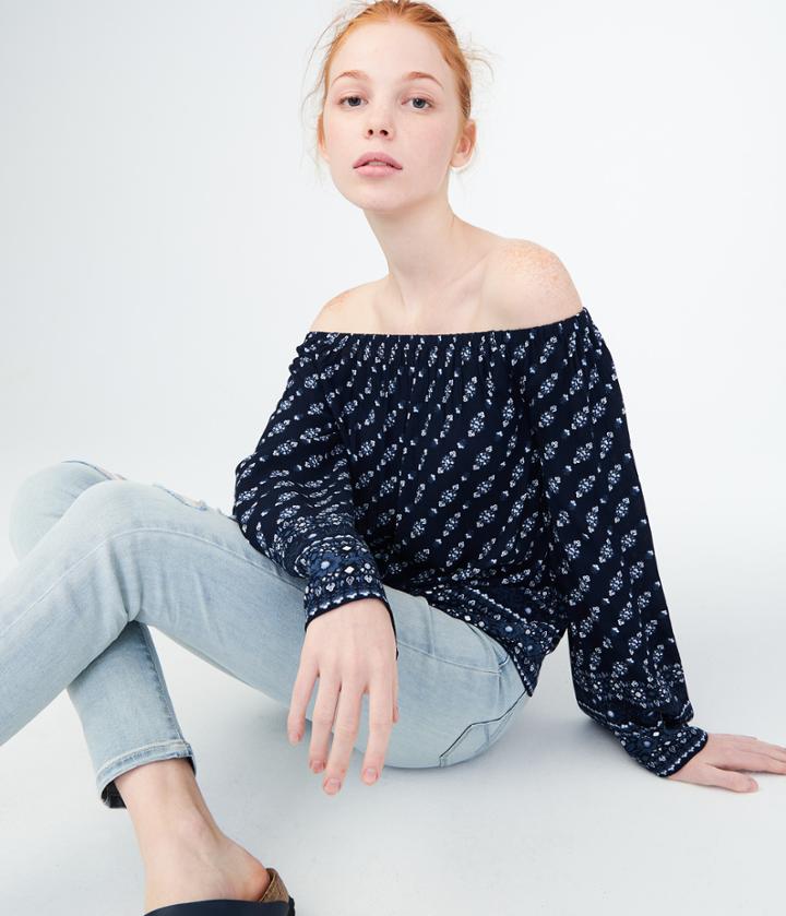 Aeropostale Aeropostale Long Sleeve Floral Off-the-shoulder Top - Navy, Small