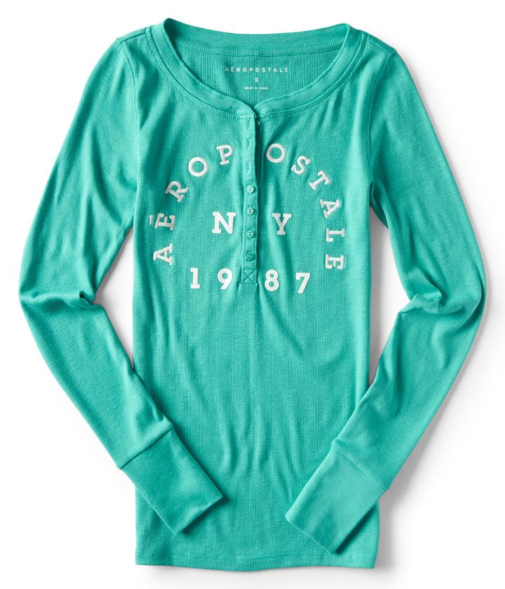 Aeropostale Long Sleeve Aeropostale Ny Henley Top - Marine Green, Xsmall