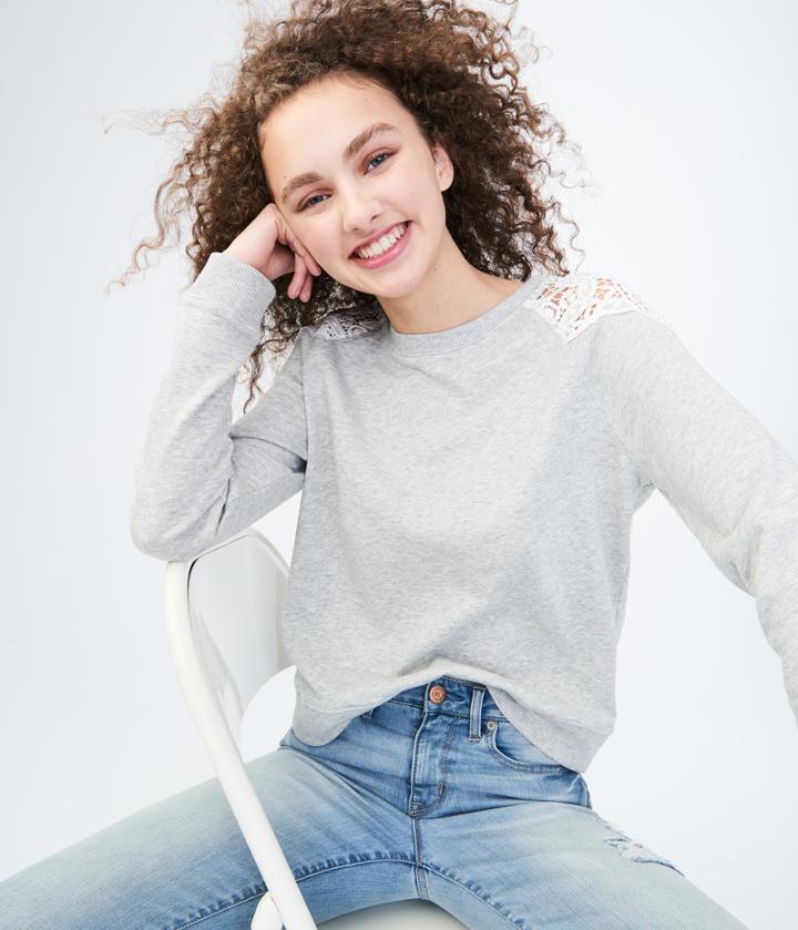 Aeropostale Aeropostale Solid Crochet-shoulder Sweatshirt - Light Heather Grey, Xsmall