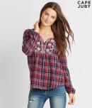 Aeropostale Cape Juby Plaid Embroidered Top