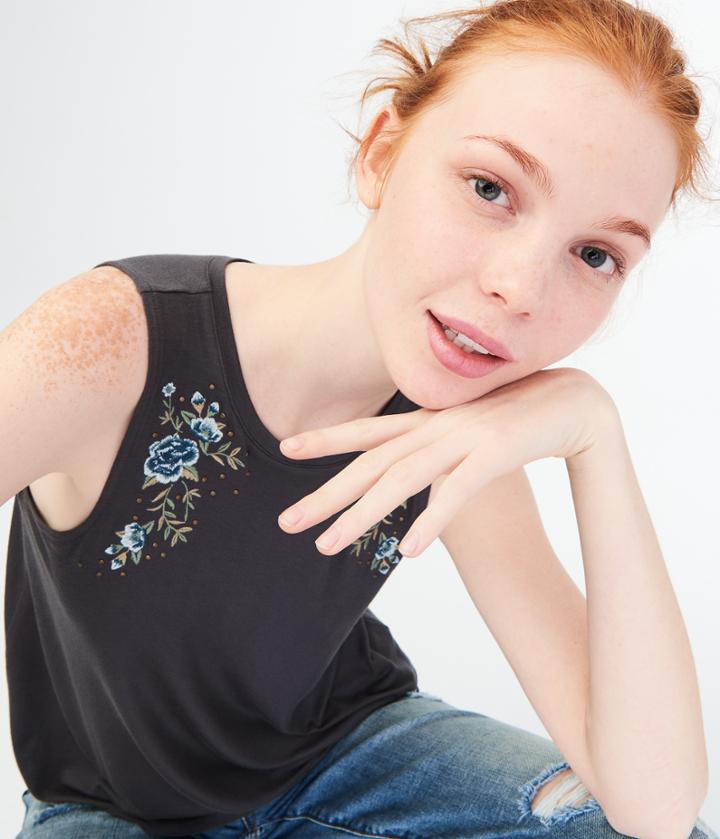 Aeropostale Aeropostale Floral Embroidered Tank - Dark Grey, Xsmall