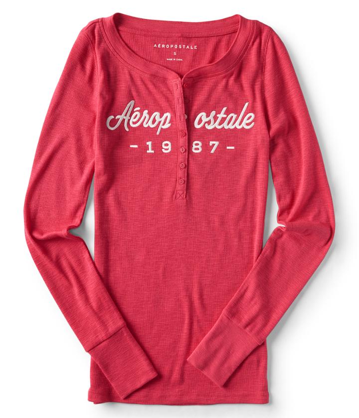 Aeropostale Aeropostale Long Sleeve 1987 Logo Henley Top - Magenta, Xsmall