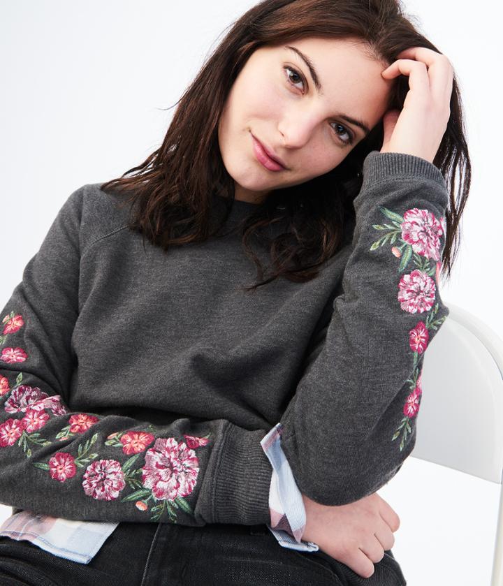 Aeropostale Aeropostale Floral Embroidered Crew Sweatshirt - Charcoal Heather, Xsmall
