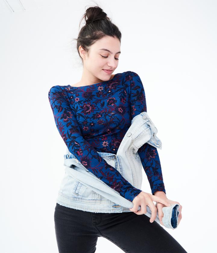 Aeropostale Aeropostale Long Sleeve Floral Lattice-back Top - Indigo Blues, Small