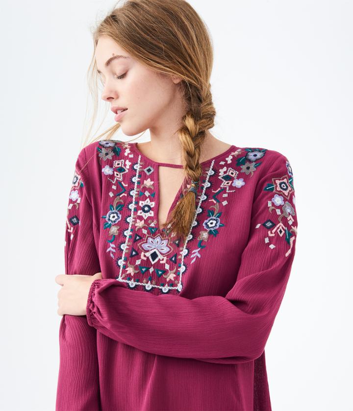 Aeropostale Aeropostale Embroidered Notch-neck Peasant Dress - Purple, Xsmall