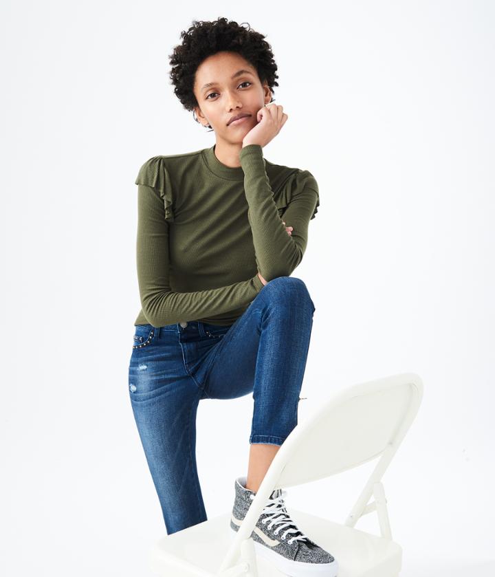 Aeropostale Aeropostale Long Sleeve Ruffled Mock-neck Top - Olive, Xsmall