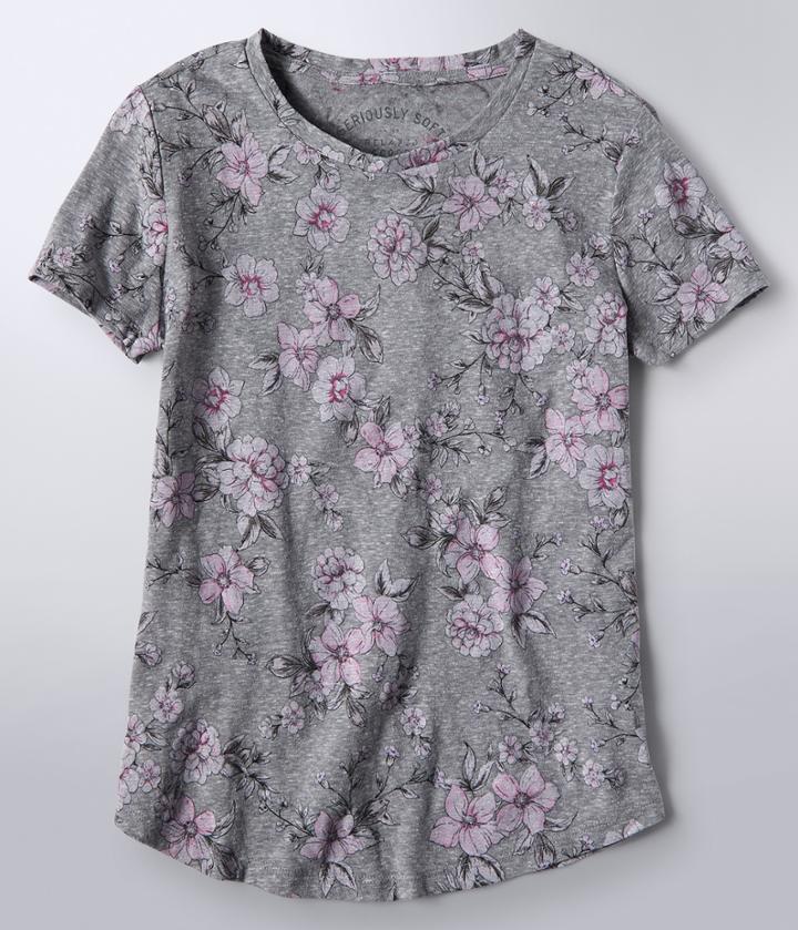 Aeropostale Aeropostale Seriously Soft Floral Scoop-neck Tee - Medium Grey, Xsmall