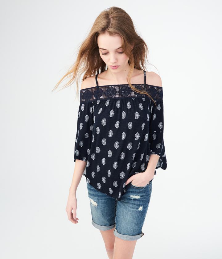 Aeropostale Aeropostale Long Sleeve Ornate Crochet Cold-shoulder Top - Navy, Xsmall