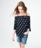 Aeropostale Aeropostale Long Sleeve Ornate Crochet Cold-shoulder Top - Navy, Xsmall
