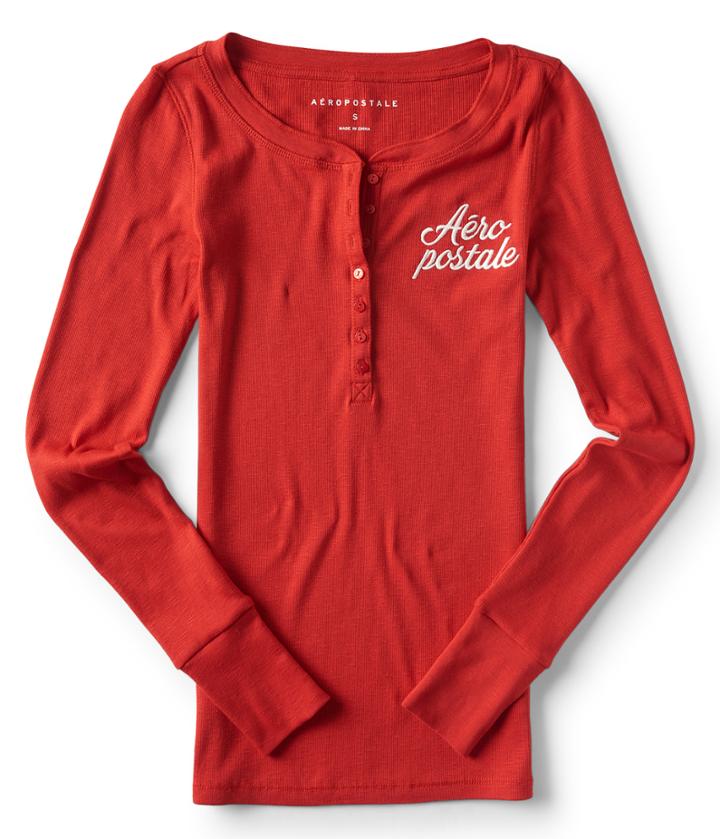 Aeropostale Long Sleeve Aeropostale Henley Top - Vinyl Red, Xsmall