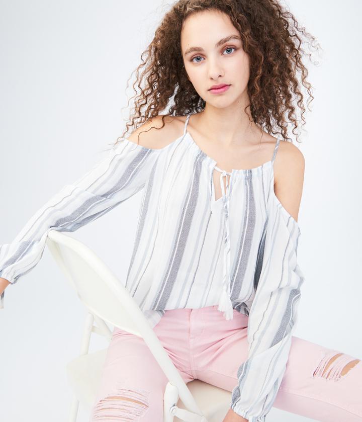 Aeropostale Aeropostale Long Sleeve Striped Cold-shoulder Top - Light Blue, Xsmall