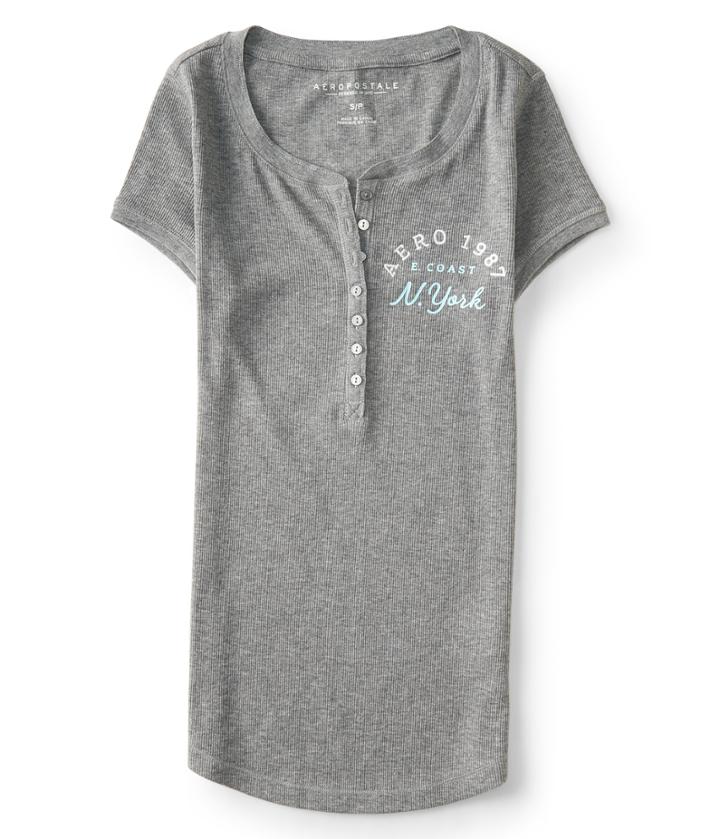 Aeropostale Aeropostale Aero 1987 New York Ribbed Henley - Medium Heather Grey, Medium