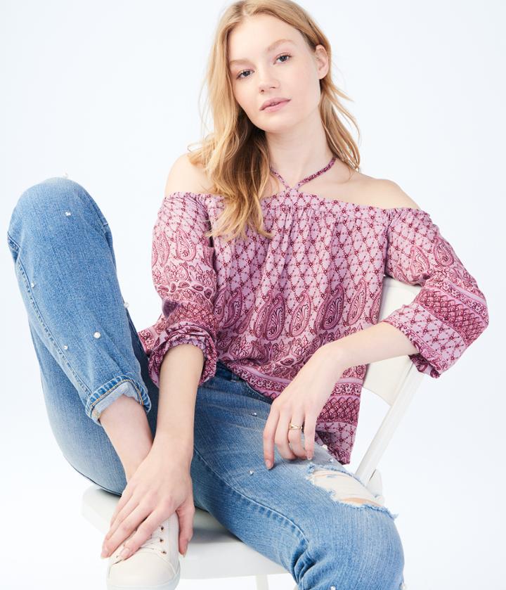 Aeropostale Aeropostale Long Sleeve Paisley Cold-shoulder Top - Mauve Lace, Xsmall