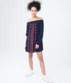 Aeropostale Aeropostale Long Sleeve Embroidered Off-the-shoulder Shift Dress - Navy, Xsmall