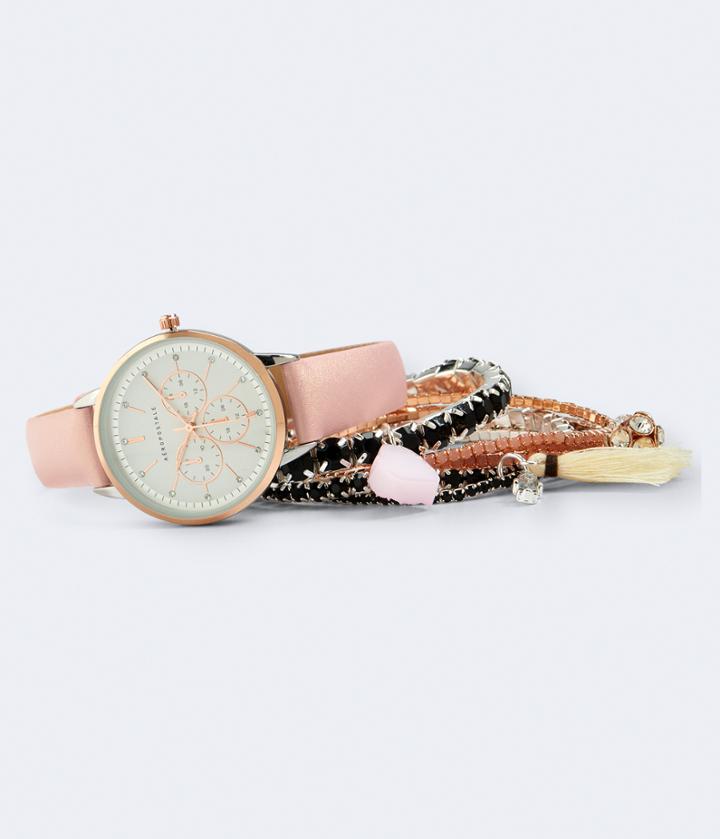 Aeropostale Aeropostale Faux Leather Analog Watch & Bracelet Set - Pink