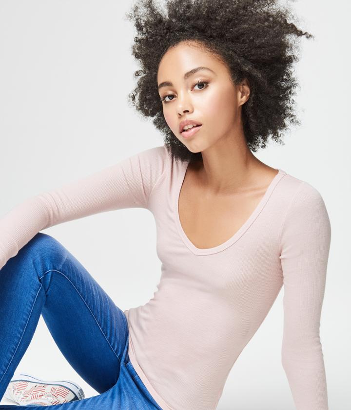 Aeropostale Aeropostale Long Sleeve Seriously Soft Ribbed V-neck Tee - Light Pink, Xsmall
