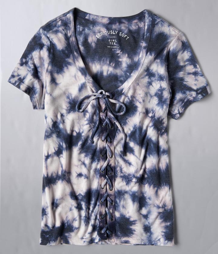 Aeropostale Aeropostale Seriously Soft Tie-dye Lace-up Girl Tee - Navy, Xsmall