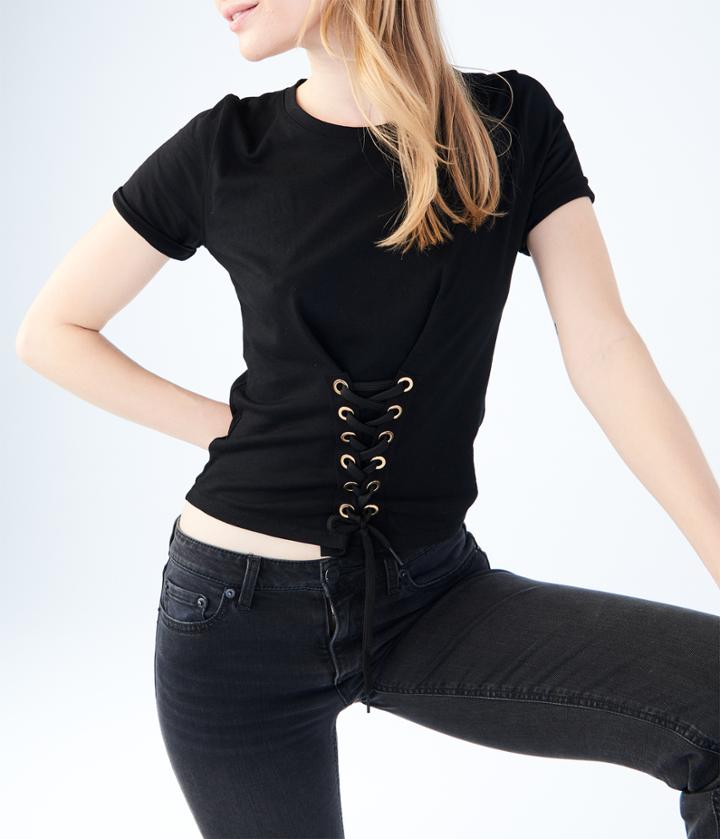 Aeropostale Aeropostale Solid Corset-front Tee - Black, Xsmall
