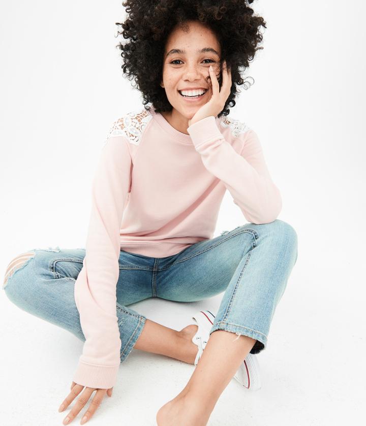 Aeropostale Aeropostale Solid Crochet-shoulder Sweatshirt - Light Pink, Xsmall