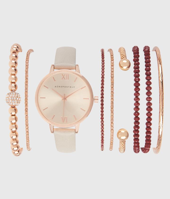 Aeropostale Aeropostale Faux Leather Analog Watch & Bracelet Set - Tan