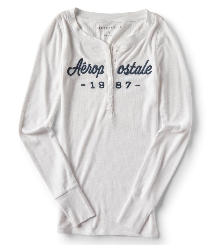 Aeropostale Aeropostale Long Sleeve 1987 Logo Henley Top - Bleach, Xsmall