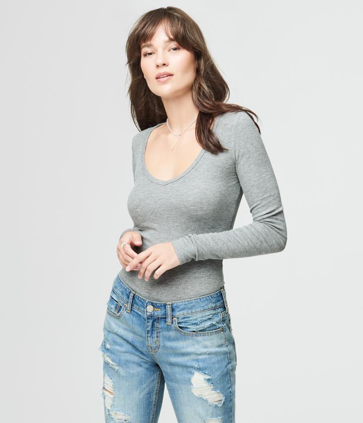 Aeropostale Aeropostale Long Sleeve Seriously Soft Ribbed V-neck Tee - Medium Heather Grey, Xsmall
