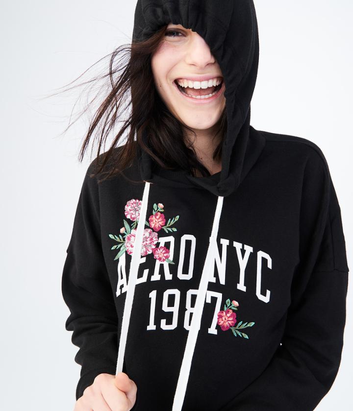 Aeropostale Aeropostale Floral Embroidered Crop Pullover Hoodie - Black, Xsmall