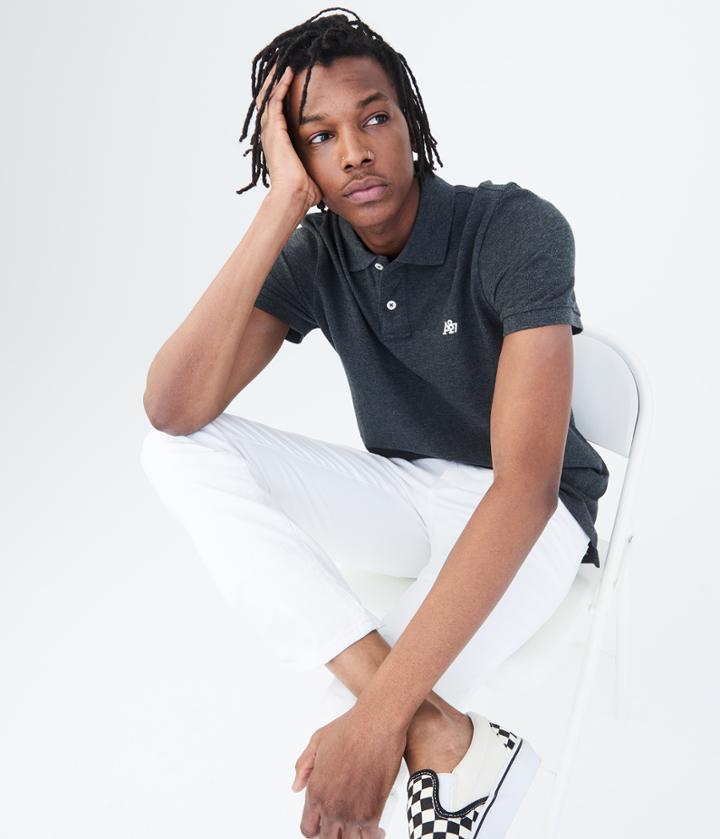 Aeropostale Aeropostale A87 Solid Logo Pique Polo - Charcoal Heather Grey, Small