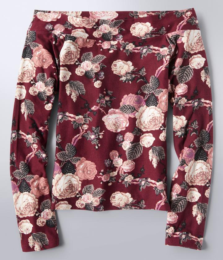 Aeropostale Aeropostale Long Sleeve Floral Off-the-shoulder Top - Dark Red, Xsmall