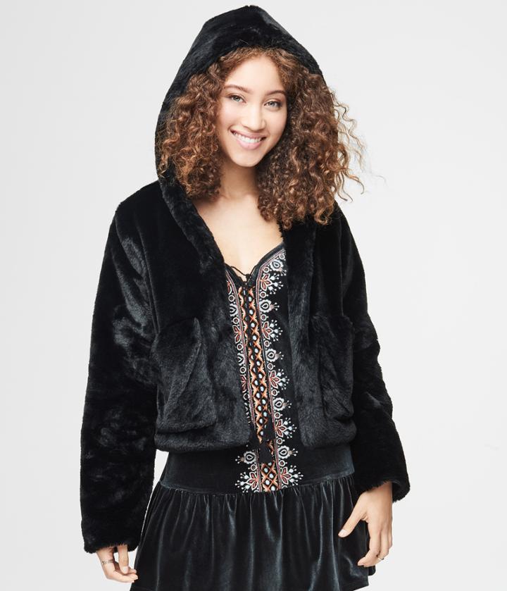 Aeropostale Aeropostale Hooded Faux Fur Jacket - Black, Xsmall