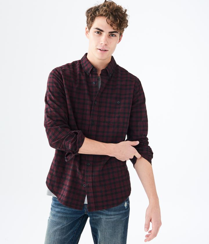 Aeropostale Aeropostale Long Sleeve Dark Oxford Plaid Woven Shirt - Magenta, Xsmall