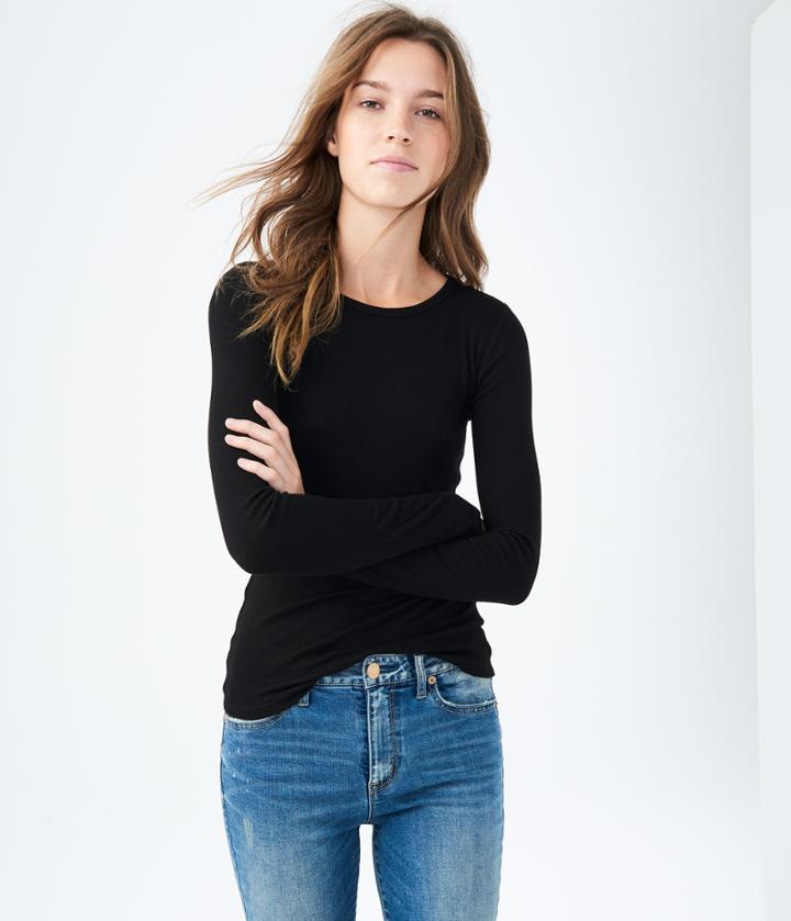 Aeropostale Aeropostale Long Sleeve Solid Ribbed Crew Tee - Black, Xsmall