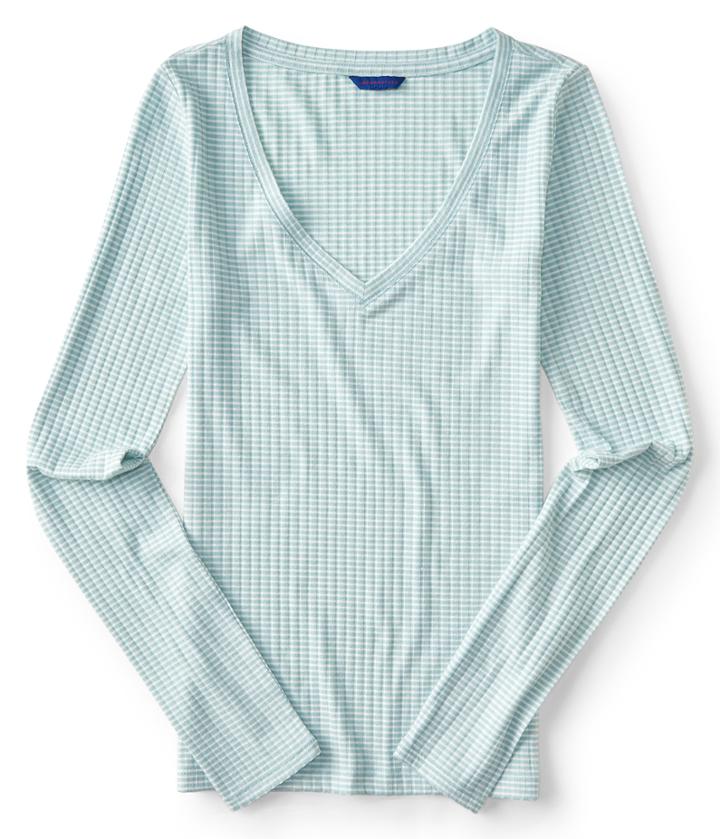 Aeropostale Aeropostale Long Sleeve Striped V-neck Layering Tee - Light Aqua, Xsmall