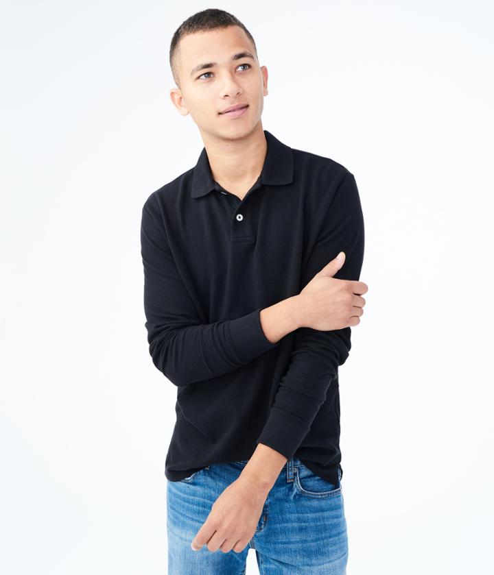 Aeropostale Aeropostale Long Sleeve Solid Uniform Pique Polo - Black, Small