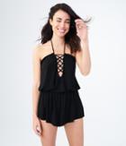 Aeropostale Aeropostale Lld Solid Lace-up Halter Romper Cover-up - Black, Xxsmall