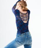 Aeropostale Aeropostale Long Sleeve Floral Lattice-back Top - Indigo Blues, Xsmall