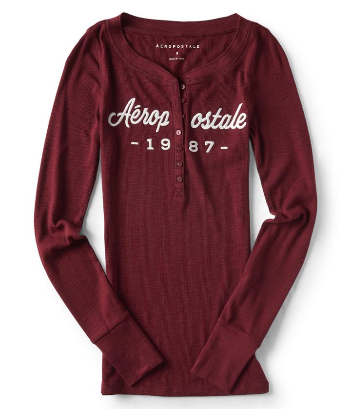 Aeropostale Aeropostale Long Sleeve 1987 Logo Henley Top - Dark Red, Xsmall