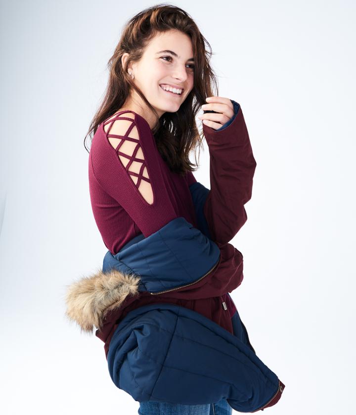 Aeropostale Aeropostale Long Sleeve Strappy Shoulder V-neck Top - Bold Burgundy, Xsmall