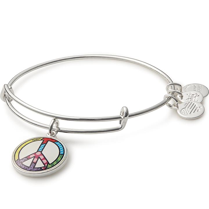 Alex And Ani Peace Sign Art Infusion Charm Bangle Romero Britto, Shiny Silver Finish