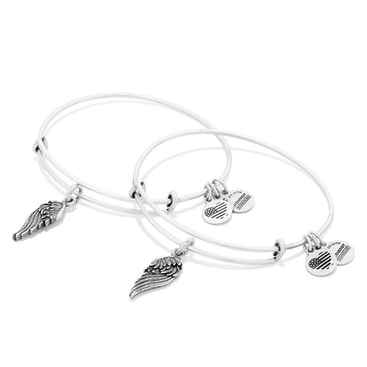 Alex And Ani Wings Set Of 2 Charm Bangles, Rafaelian Silver Finish