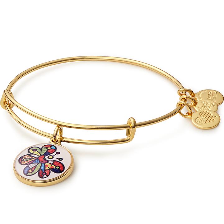 Alex And Ani Butterfly Art Infusion Charm Bangle Romero Britto, Shiny Gold Finish